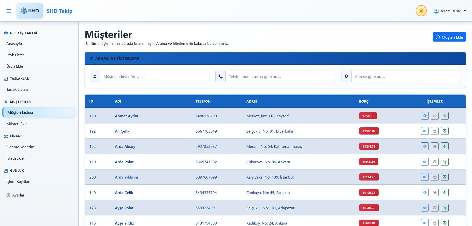 SHD Takip Sistemi müşteri listesi ekranı