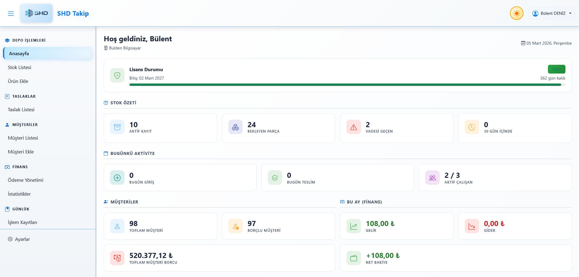SHD Takip Sistemi panel anasayfa ekran görüntüsü