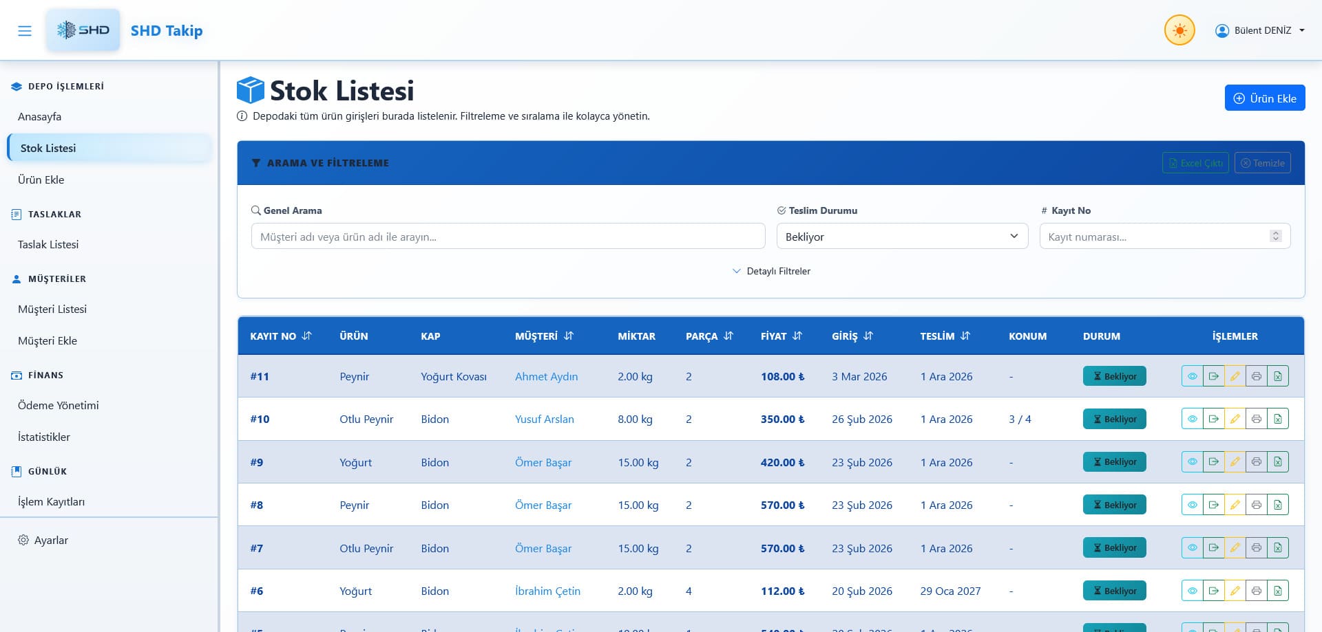 SHD Takip Sistemi stok listesi ekranı